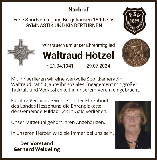 Traueranzeige von Waltraud Hötzel von HNA