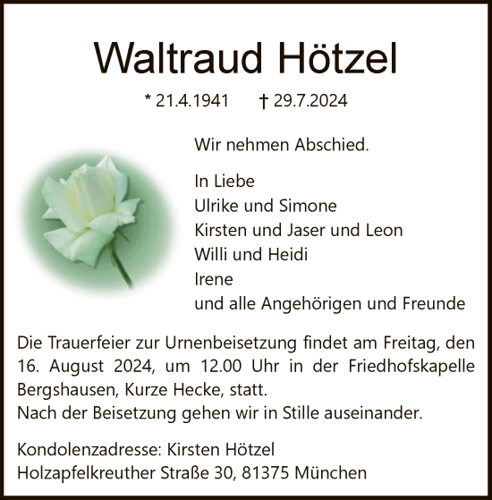 Traueranzeige von Waltraud Hötzel von HNA