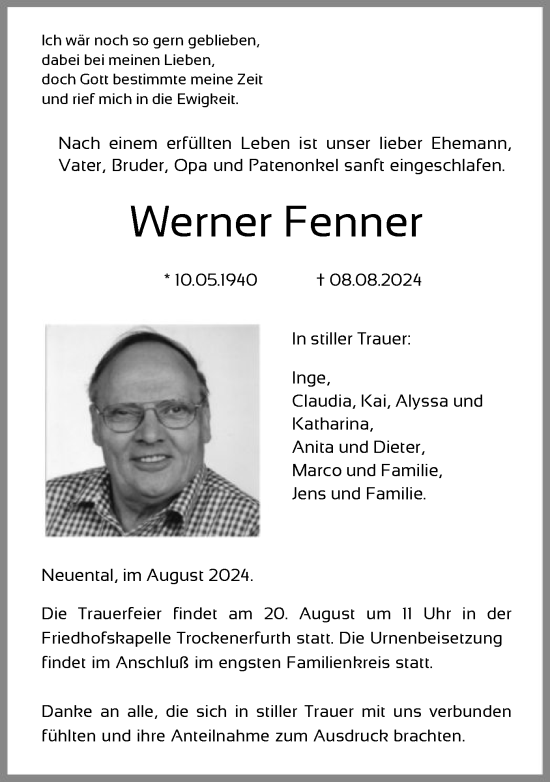 Traueranzeige von Werner Fenner von HNA