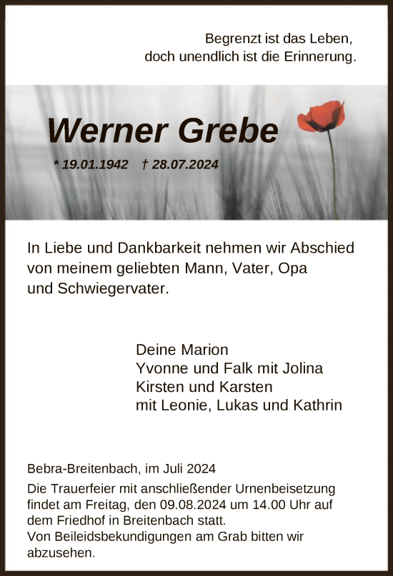 Traueranzeige von Werner Grebe von HNAHNA