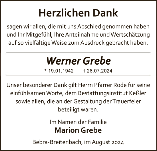 Traueranzeige von Werner Grebe von HNAHNA