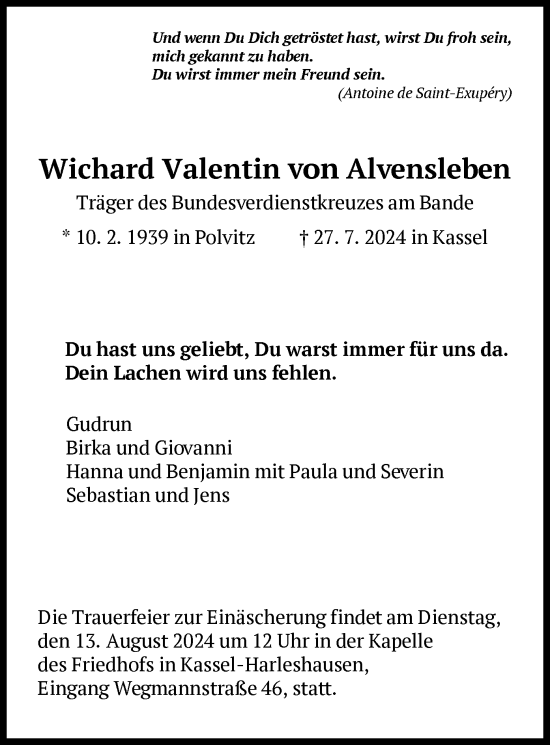 Traueranzeige von Wichard Valentin von Alvensleben von HNA