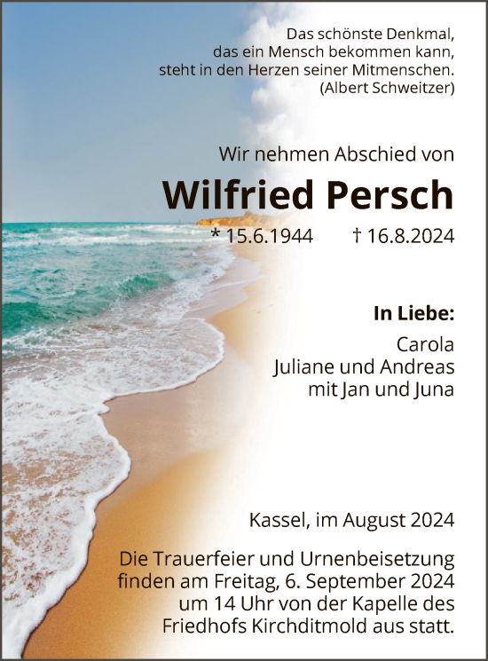 Traueranzeige von Wilfried Persch von HNA