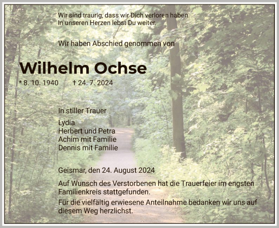 Traueranzeige von Wilhelm Ochse von HNA