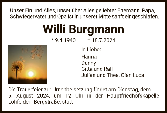 Traueranzeige von Willi Burgmann von HNA