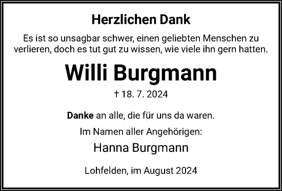 Traueranzeige von Willi Burgmann von HNA