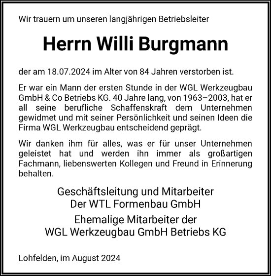 Traueranzeige von Willi Burgmann von HNA