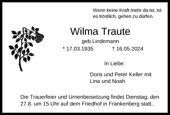 Traueranzeige von Wilma Traute von HNA