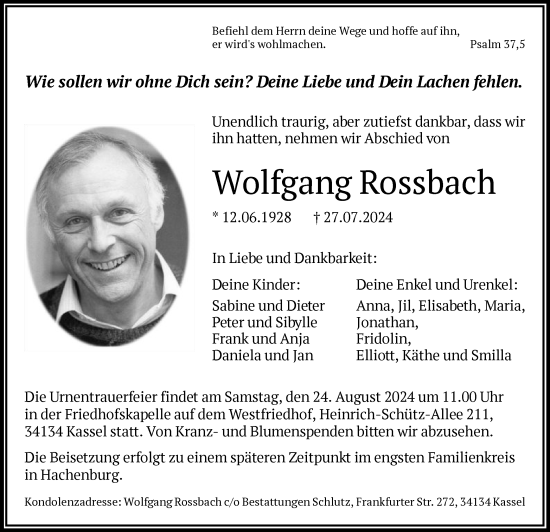 Traueranzeige von Wolfgang Rossbach von HNA