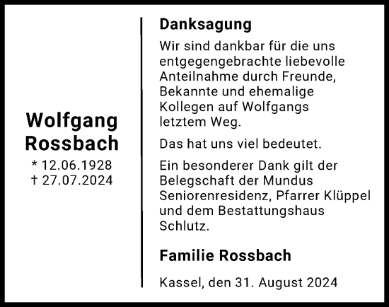 Traueranzeige von Wolfgang Rossbach von HNA