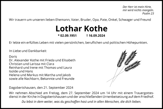 Traueranzeige von Lothar Kothe von HNA