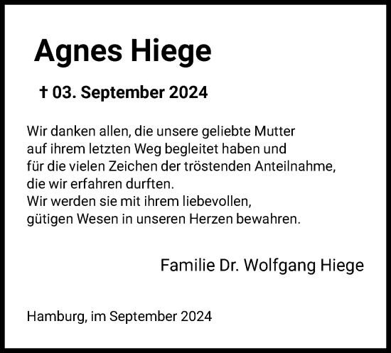 Traueranzeige von Agnes Hiege von HNA