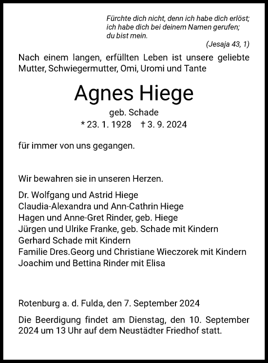 Traueranzeige von Agnes Hiege von HNA