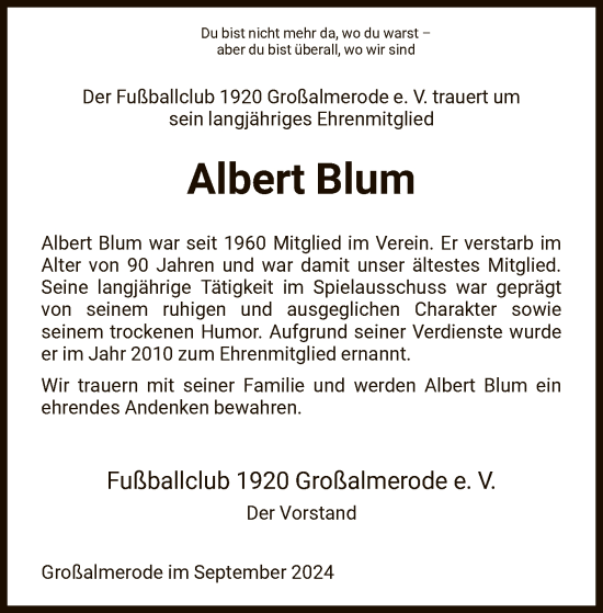 Traueranzeige von Albert Blum von HNA