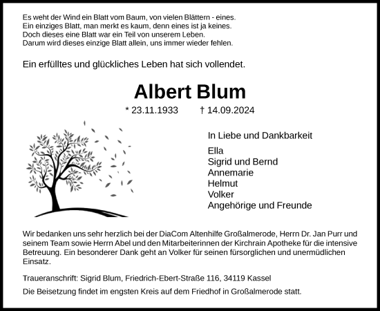 Traueranzeige von Albert Blum von HNA