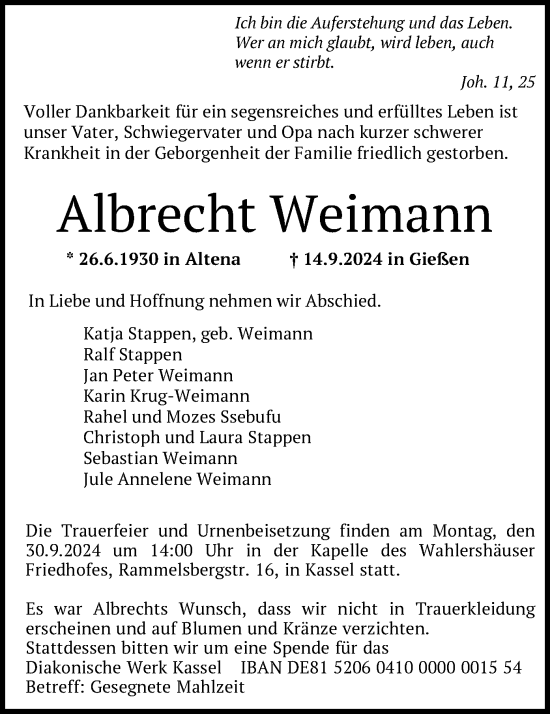 Traueranzeige von Albrecht Weimann von HNA