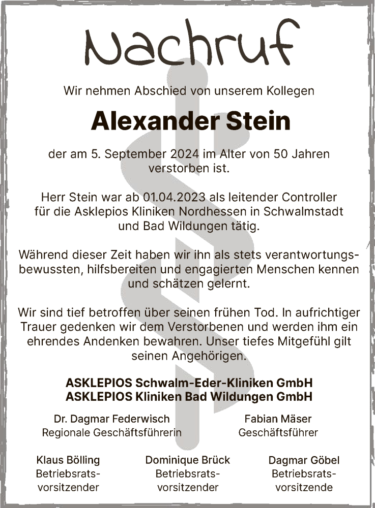  Traueranzeige für Alexander Stein vom 14.09.2024 aus HNAHNA