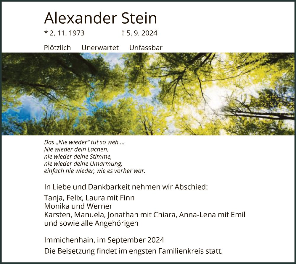  Traueranzeige für Alexander Stein vom 14.09.2024 aus HNAHNA