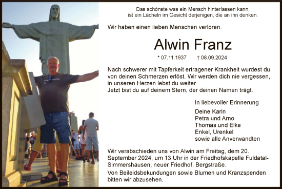 Traueranzeige von Alwin Franz von HNA