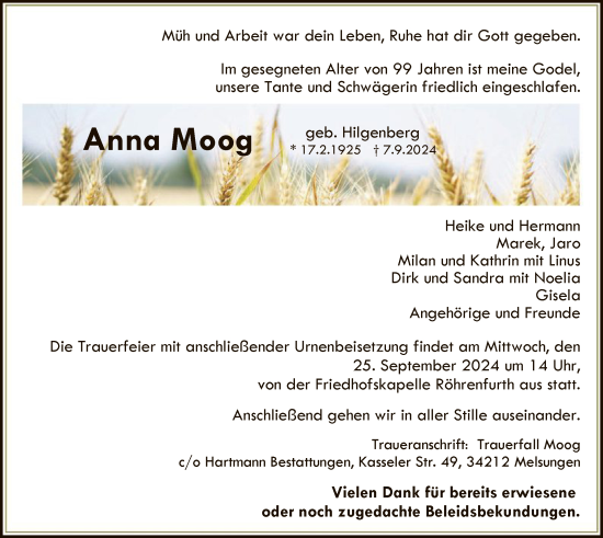 Traueranzeige von Anna Moog von HNA