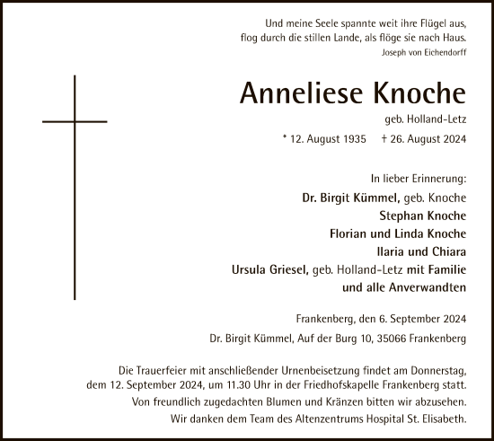 Traueranzeige von Anneliese Knoche von HNA