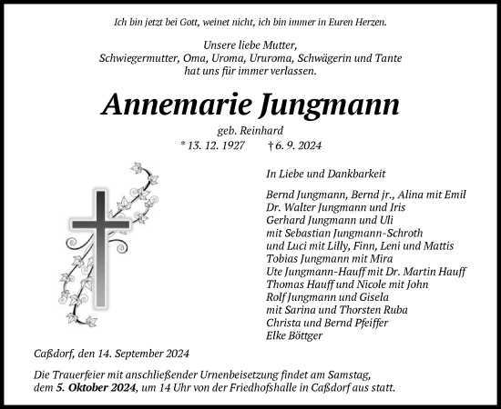 Traueranzeige von Annemarie Jungmann von HNA