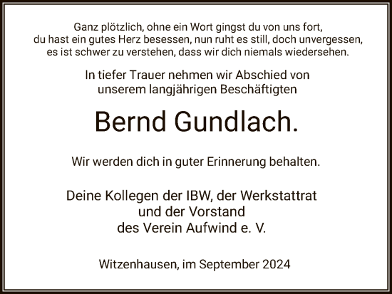 Traueranzeige von Bernd Gundlach von HNA