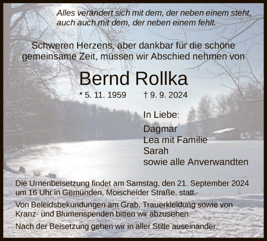 Traueranzeige von Bernd Rollka von HNA