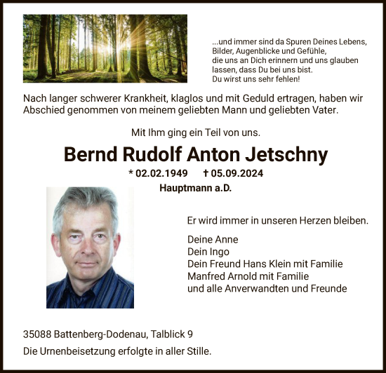 Traueranzeige von Bernd Rudolf Anton Jetschny von HNA