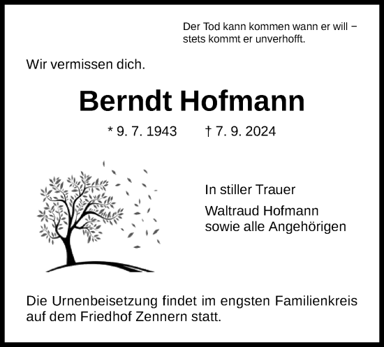 Traueranzeige von Berndt Hofmann von HNA