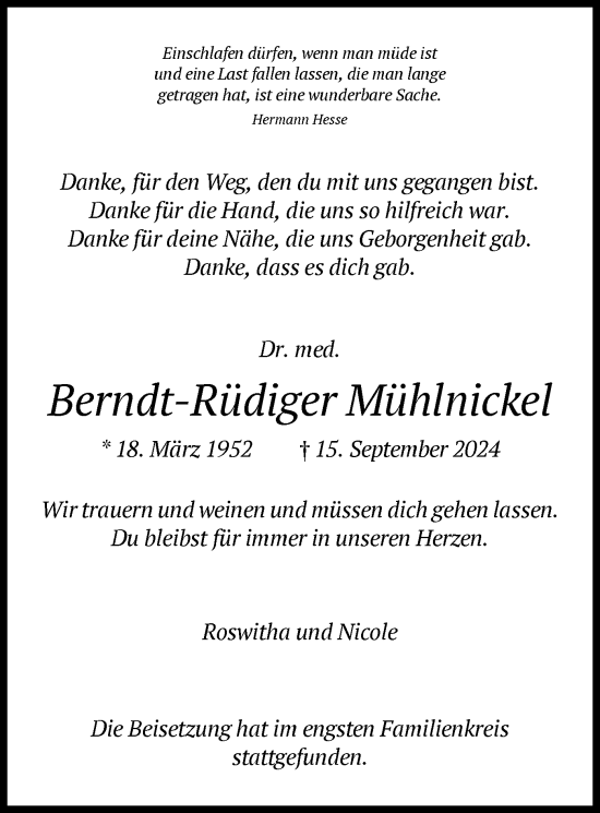 Traueranzeige von Berndt-Rüdiger Mühlnickel von HNA