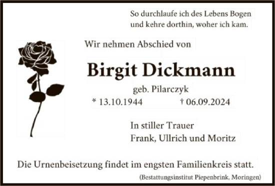 Traueranzeige von Birgit Dickmann von HNA