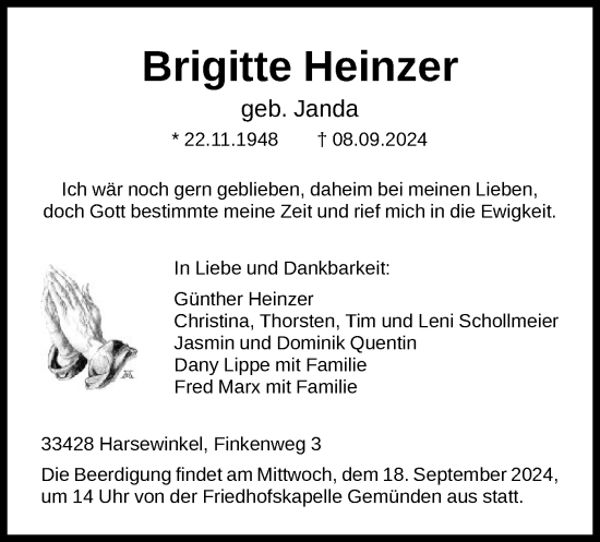 Traueranzeige von Brigitte Heinzer von HNA