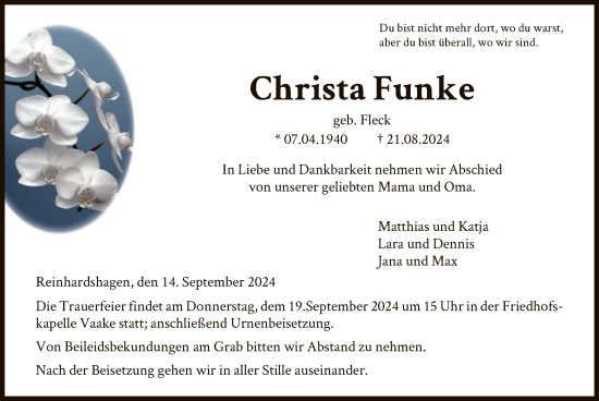 Traueranzeige von Christa Funke von HNA