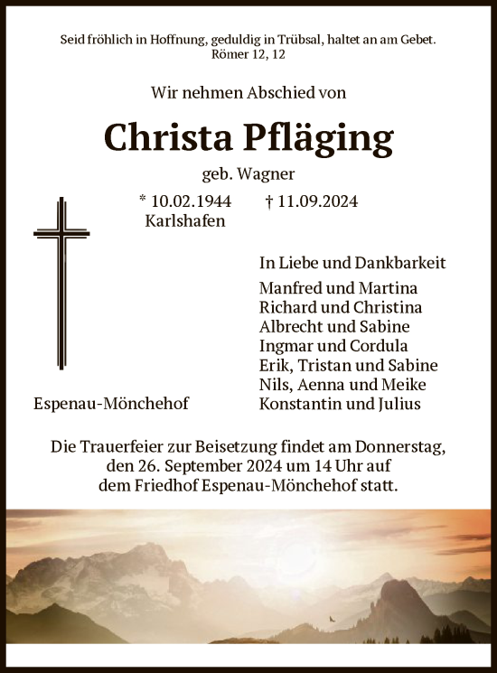 Traueranzeige von Christa Pfläging von HNA