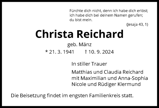 Traueranzeige von Christa Reichard von HNA