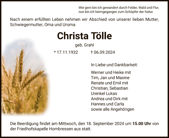 Traueranzeige von Christa Tölle von HNA