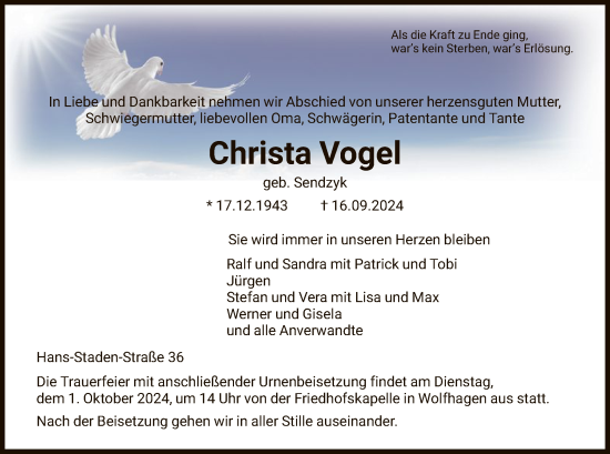 Traueranzeige von Christa Vogel von HNA