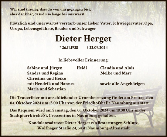 Traueranzeige von Dieter Herget von HNA