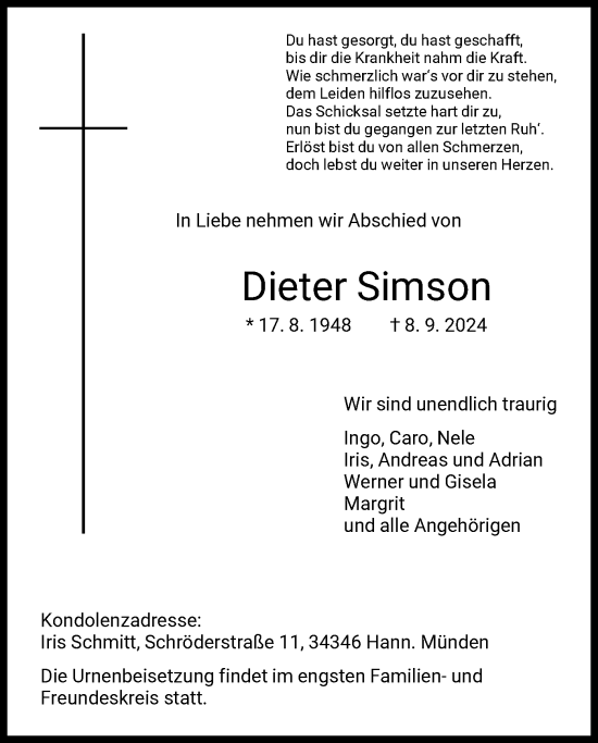 Traueranzeige von Dieter Simson von HNA