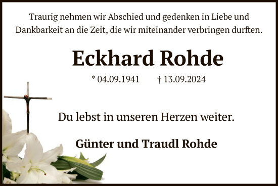 Traueranzeige von Eckhard Rohde von HNA