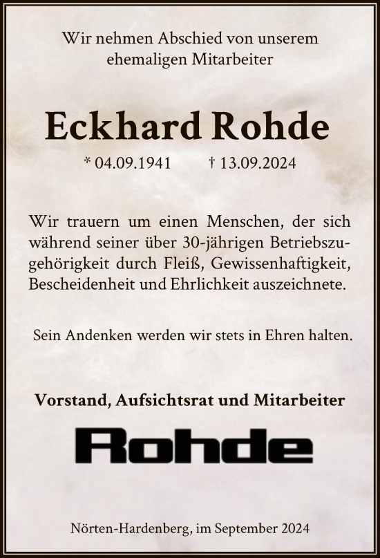 Traueranzeige von Eckhard Rohde von HNA