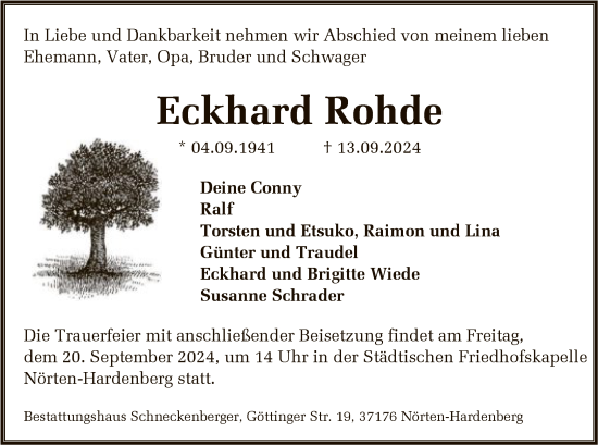 Traueranzeige von Eckhard Rohde von HNA