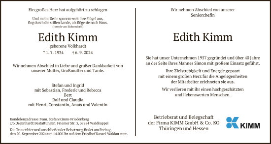 Traueranzeige von Edith Kimm von HNAHNA