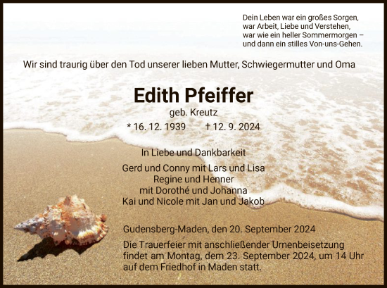 Traueranzeige von Edith Pfeiffer von HNA