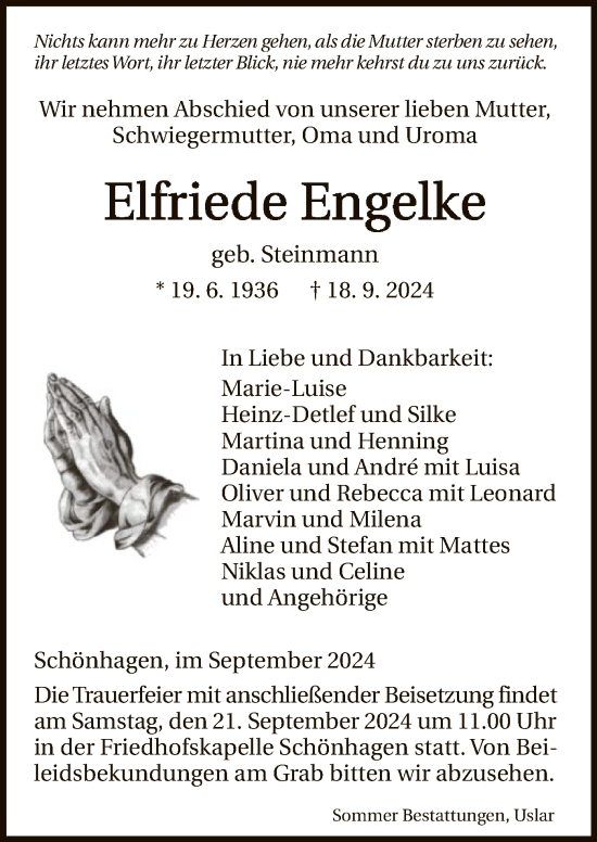 Traueranzeige von Elfriede Engelke von HNA