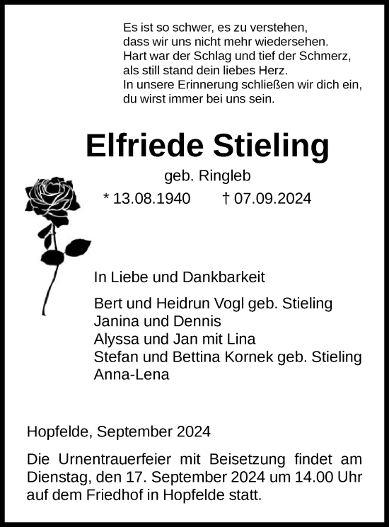 Traueranzeige von Elfriede Stieling von HNA