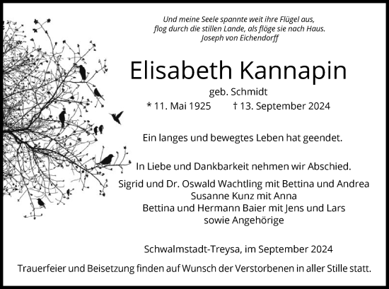 Traueranzeige von Elisabeth Kannapin von HNA