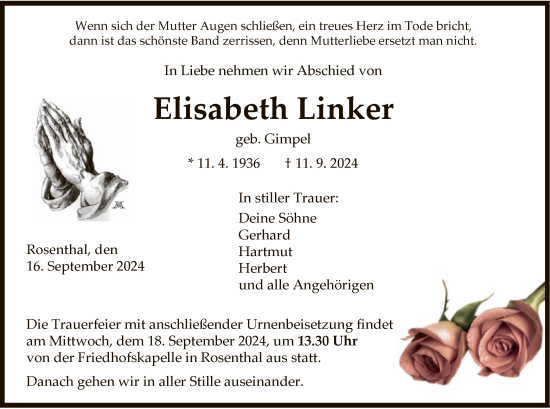 Traueranzeige von Elisabeth Linker von HNA