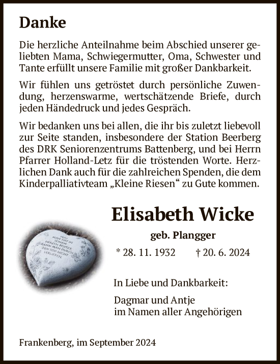 Traueranzeige von Elisabeth Wicke von HNA